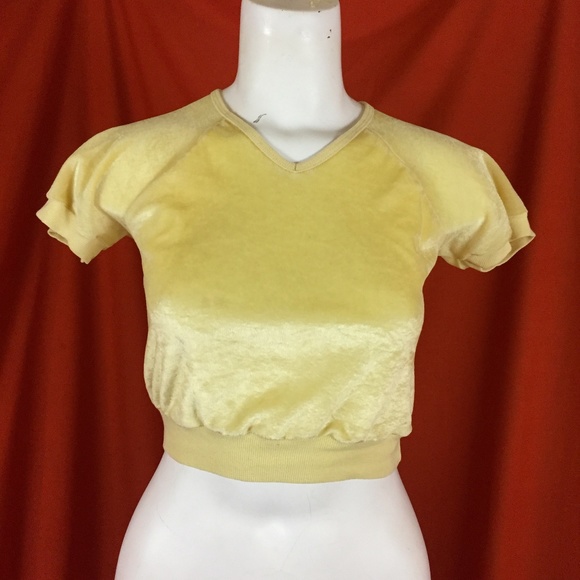 VINTAGE 70s Yellow Velvet Crop Top - Picture 1 of 7